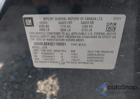 2012 Chevrolet Equinox Ls из США, поврежденный, VIN 2GNALBEK0C1106661